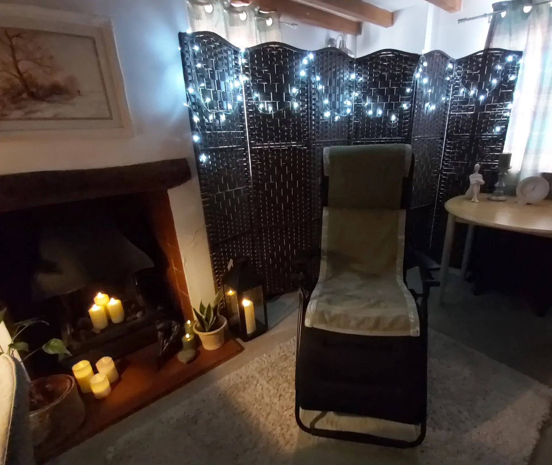 Calm reflexology treatment room at Mandy Spurr's clinic in Lutterworth, Leicestershire.